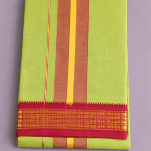 Chutney green pure cotton dhoti with brown and yellow stripes and maroon gold zari border, traditional South Indian temple wear pancha