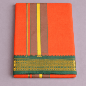 Dark brown pure cotton dhoti with yellow and brown stripes and green gold zari border, traditional South Indian temple wear pancha