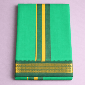 Dark green pure cotton dhoti with yellow and green stripes and gold zari border, traditional South Indian temple wear pancha