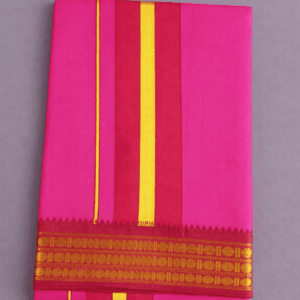 Dark pink pure cotton dhoti with yellow stripe and maroon gold zari border, traditional South Indian pancha neatly folded