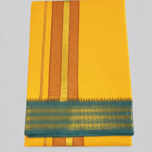 Yellow pure cotton dhoti with brown and gold stripes and green gold zari border, traditional South Indian temple wear pancha