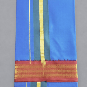 Dark blue pure cotton dhoti with green and gold stripe and maroon gold zari border, traditional South Indian pancha neatly folded