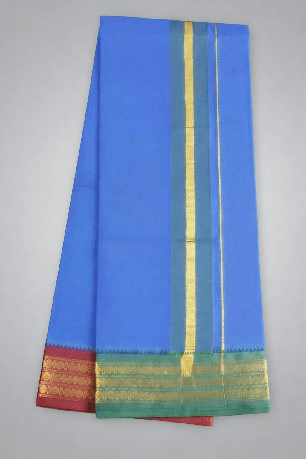 Dark Blue Pure Cotton Dhoti with Green & Gold Zari Borders | Traditional South Indian Pancha Dark blue pure cotton dhoti with green and gold vertical stripe and maroon–green gold zari border, traditional South Indian pancha partially folded