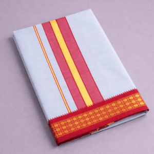Light grey pure cotton dhoti with red and yellow stripes and maroon gold zari border, traditional South Indian temple wear pancha