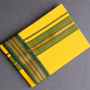Lemon yellow pure cotton dhoti with green and gold stripes and green gold zari border, traditional South Indian temple wear pancha