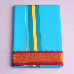 Light blue pure cotton dhoti with green and gold stripes and maroon gold zari border, traditional South Indian temple wear pancha