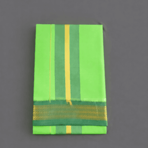 Light green pure cotton dhoti with yellow stripe and green gold zari border, traditional South Indian pancha neatly folded
