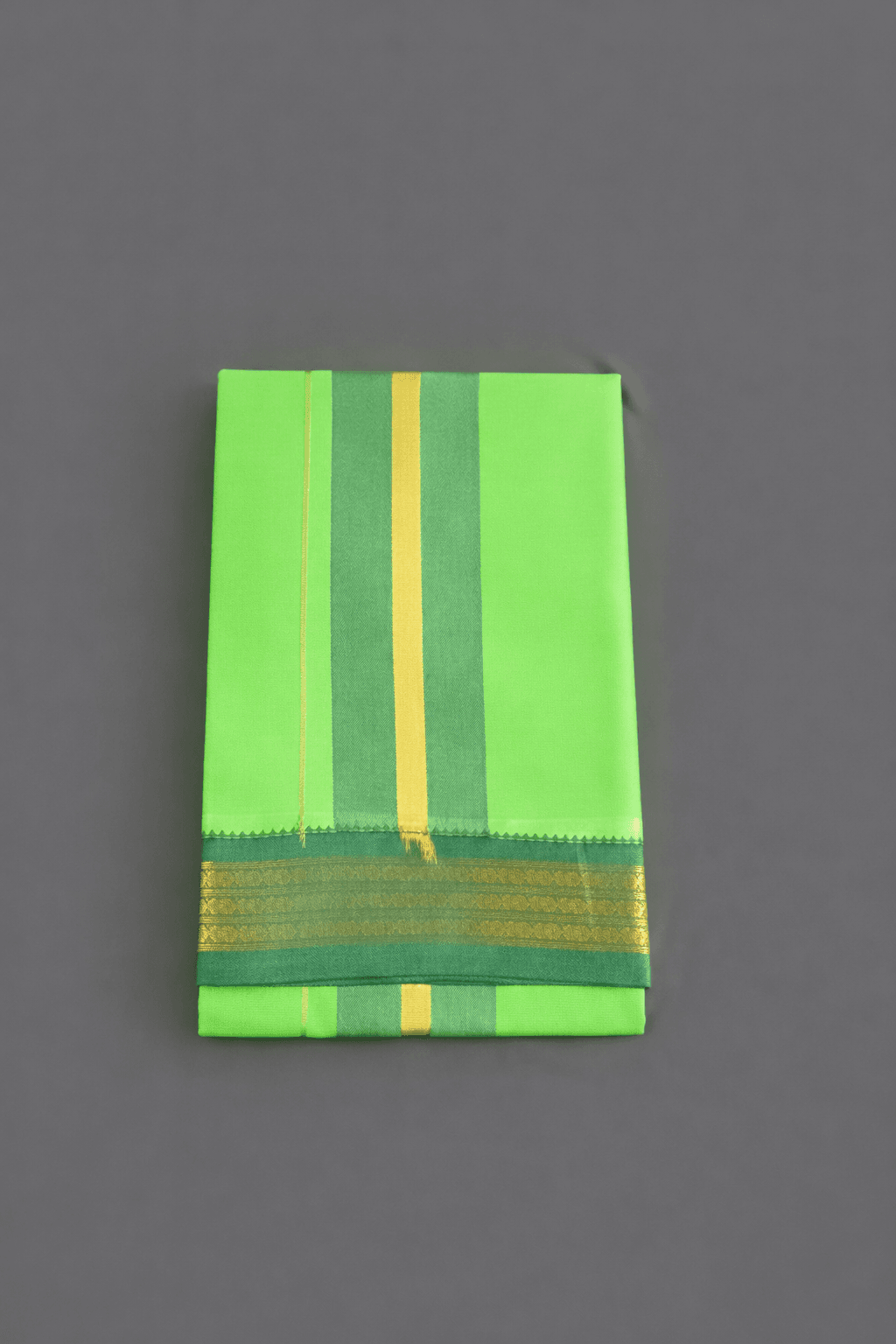 Light Green Pure Cotton Dhoti with Gold Zari Border | Traditional South Indian Pancha Light green pure cotton dhoti with yellow stripe and green gold zari border, traditional South Indian pancha neatly folded