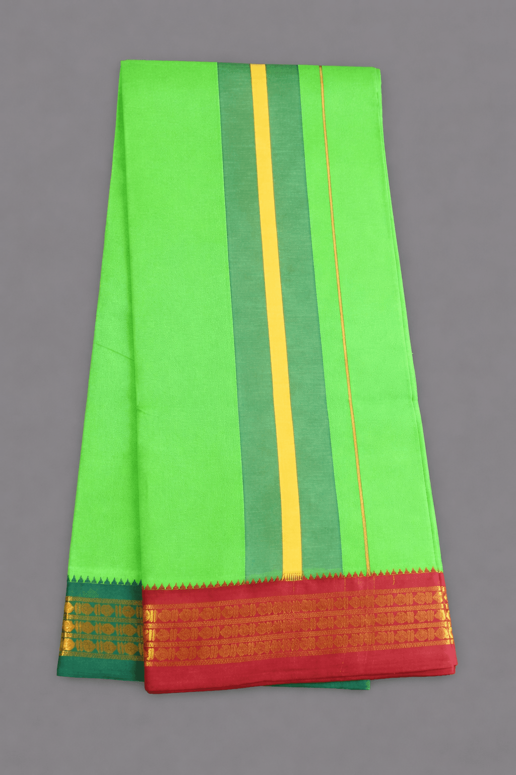 Light Green Pure Cotton Dhoti with Gold Zari Borders | Traditional South Indian Pancha Light green pure cotton dhoti with yellow stripe and maroon–green gold zari borders, traditional South Indian pancha partially folded