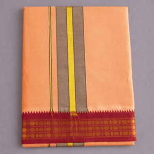 Light orange pure cotton dhoti with yellow and grey stripes and maroon gold zari border, traditional South Indian temple wear pancha
