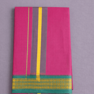 Maroon pure cotton dhoti with grey and yellow vertical stripe and green gold zari border, neatly folded South Indian traditional pancha on a grey background