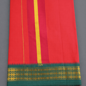 Red pure cotton dhoti with yellow and pink stripes and green gold zari border, traditional South Indian temple wear dhoti