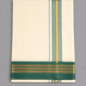 Sandal color pure cotton dhoti with green and yellow vertical stripe and green gold zari border, neatly folded South Indian traditional pancha on a grey background