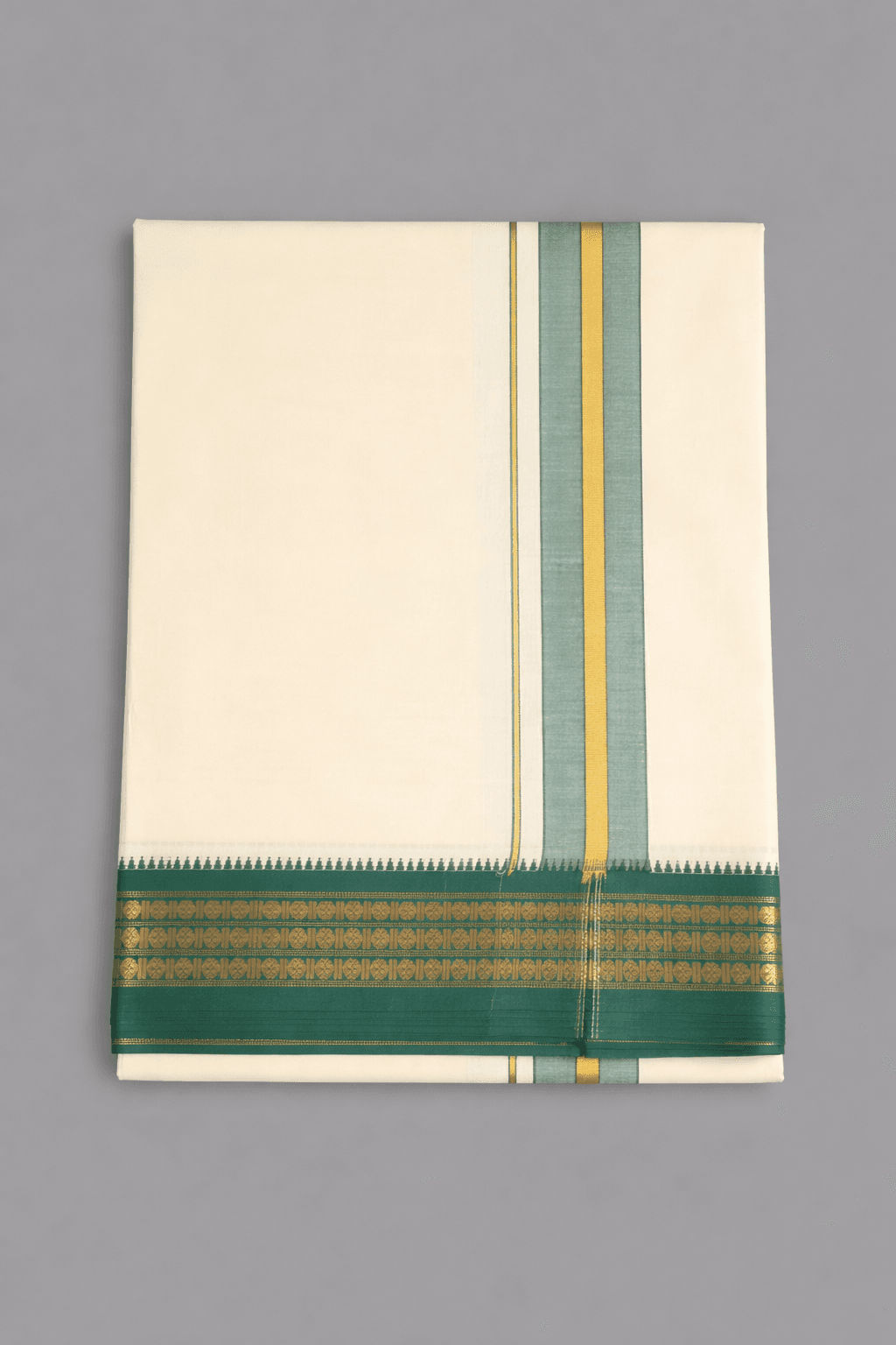 Sandal Color Pure Cotton Dhoti with Green & Yellow Stripe | Traditional South Indian Pancha Sandal color pure cotton dhoti with green and yellow vertical stripe and green gold zari border, neatly folded South Indian traditional pancha on a grey background