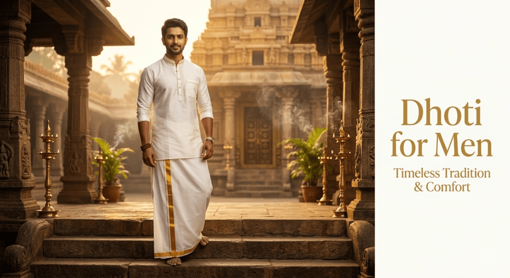 Dhoti for men – South Indian traditional white cotton veshti with golden border worn at temple
