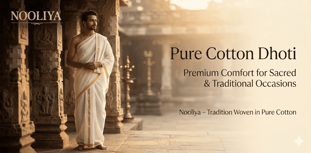 Elegant South Indian man wearing a premium pure cotton dhoti with golden border representing traditional Indian men