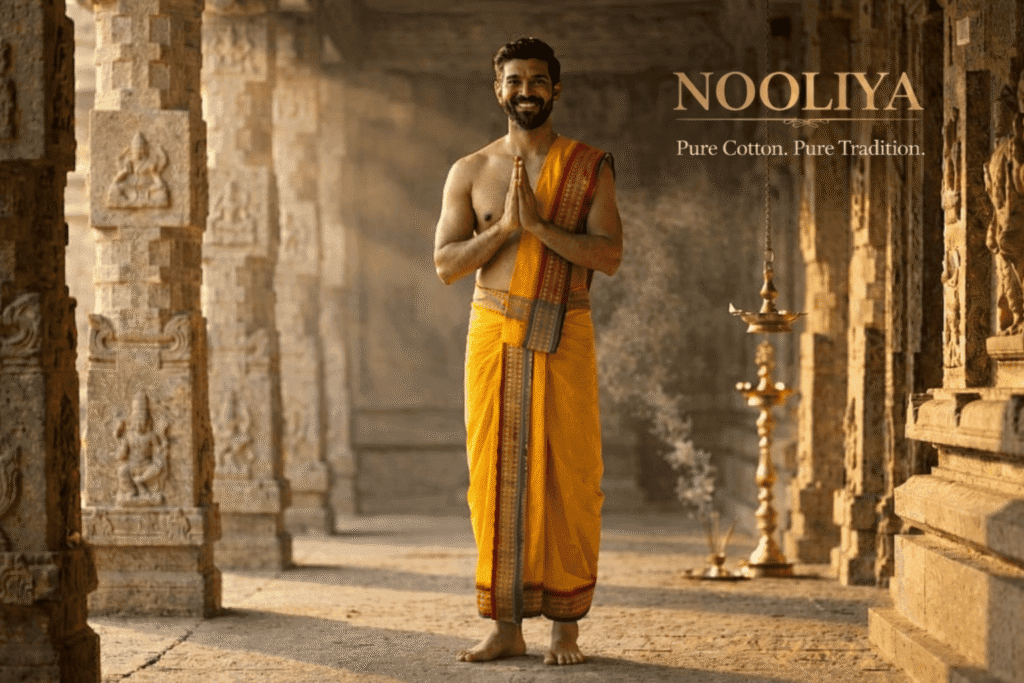 South Indian man wearing pure cotton dhoti for temple wear in traditional temple setting